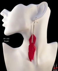 Boucles d'oreilles trois plumes pendantes rouges et chaines argentées