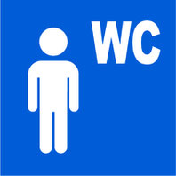 Panneau bleu avec pictogramme blanc d'un personage et le texte WC