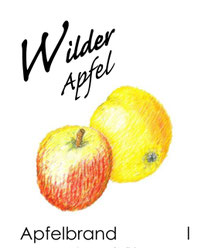 Etikett vom Wilden Apfel: Apfelbrand, Buntstiftzeichnung von zwei Äpfeln (Äpfel gelb mit roten Backen)