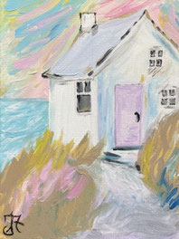 Kleurrijk schilderij van een romantisch huisje aan zee gemaakt tijdens een creatieve date workshop in Breda.