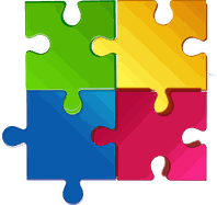 Vier Puzzleteile in verschiedenen Farben hängen aneinander.