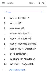 Smart phone screenshot with a list of AI questions asked on Google