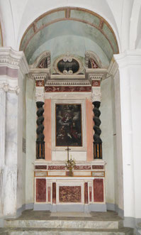 Centuri - Eglise Saint-Sylvestre - Vierge à l'Enfant dans les nuées, Dieu le Père, Jean, l'aigle et la coupe au serpent & Luc et le taureau