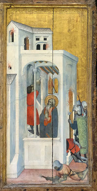 Louvre - Retable du prieuré de Thouzon (XVè) - St André fait éteindre un incendie par son disciple (détail)