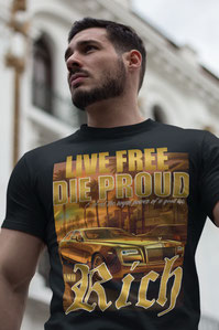 Live free die proud and Rich Herren T-Shirt Farbe schwarz. Goldener Rolli Sportwagen mit Los Angeles Skyline und Palmen und Spruch von Prinz Alexander von Anhalt.
