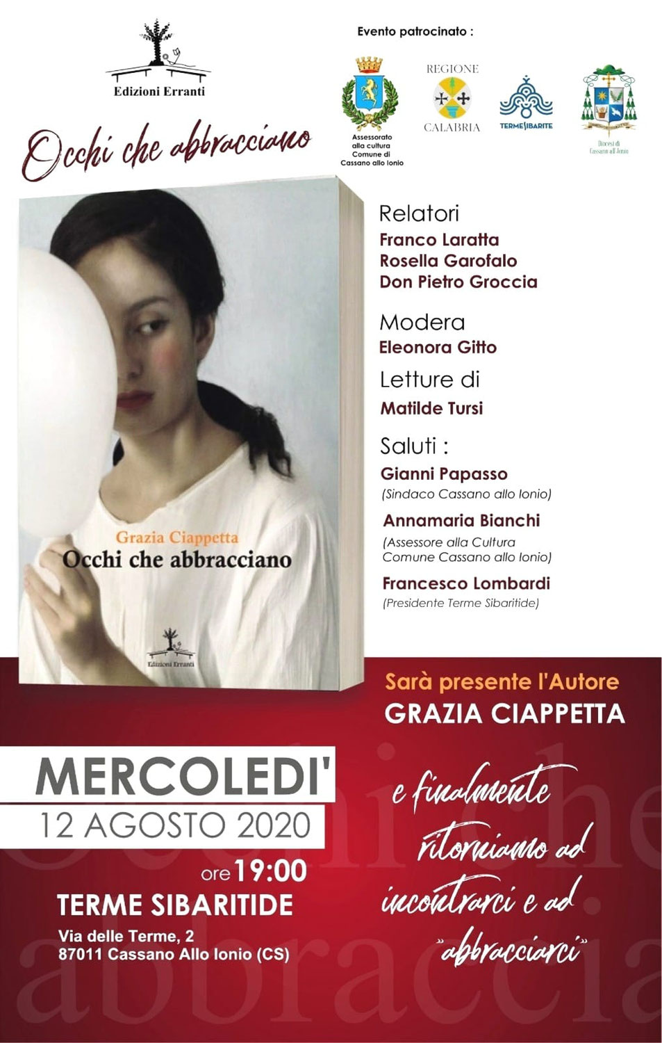 TERME SIBARITE 12 AGOSTO 2020: GRAZIA CIAPPETTA PRESENTA “OCCHI CHE ABBRACCIANO”