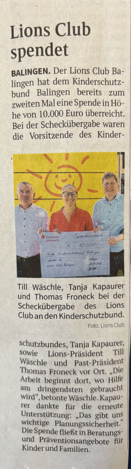 Spendenübergabe Lions Club Balingen