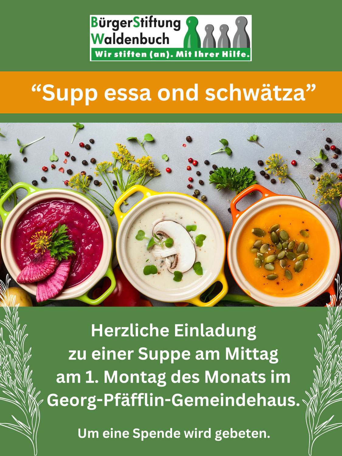 Herzliche Einladung zu "Supp essa ond schwätza – Essen für alle"