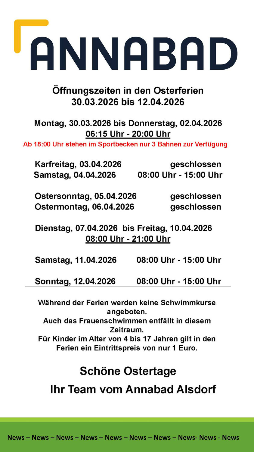 Annabad Öffnungszeiten in den Osterferien 2026