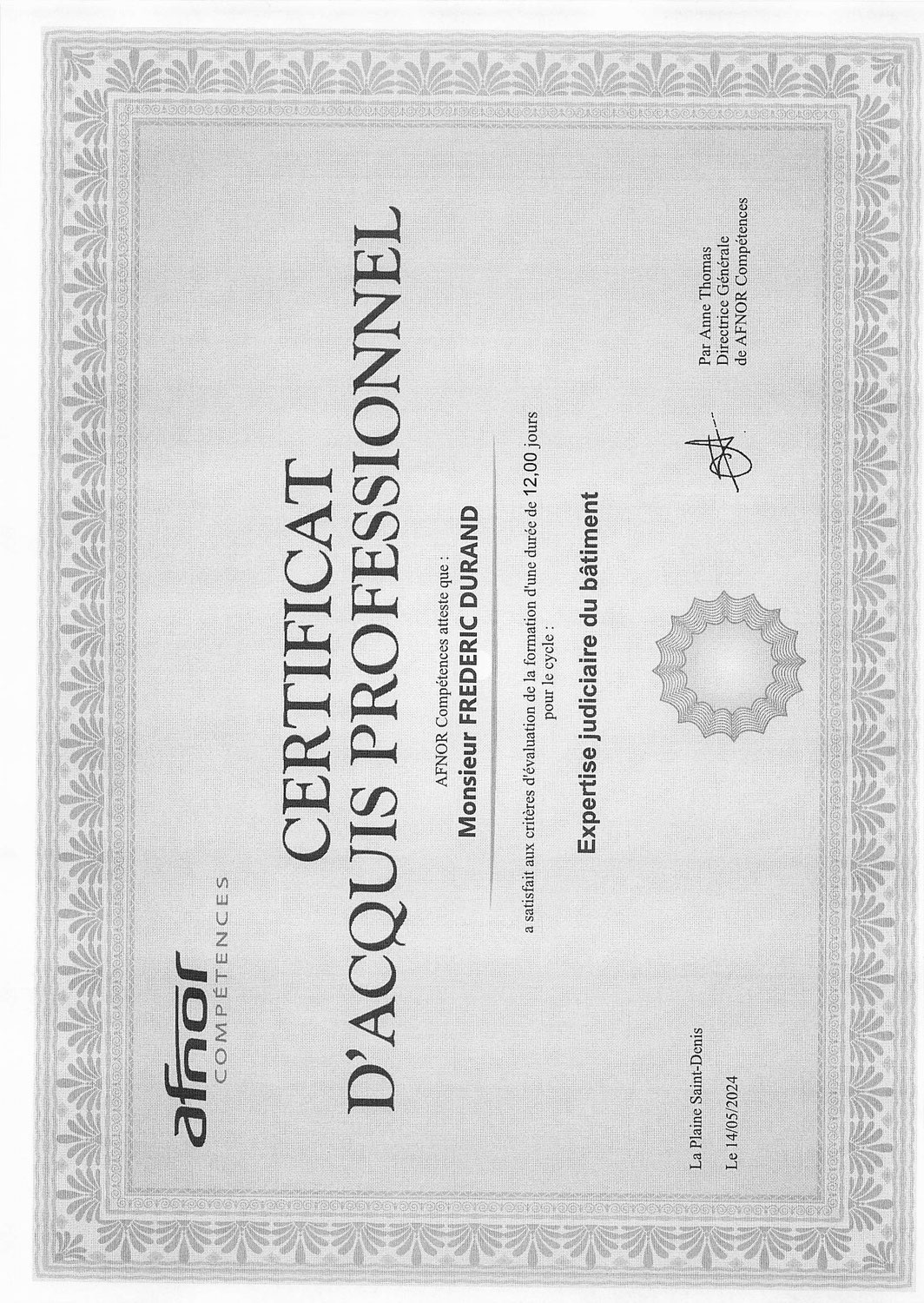 Certificat d'acquis professionnel expert bâtiment Paris