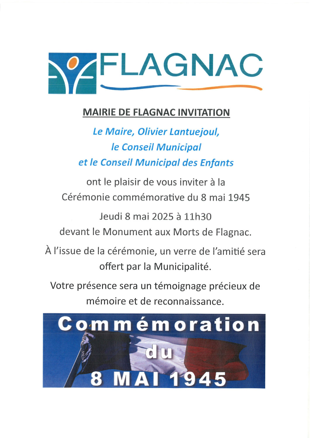 INVITATION A LA CEREMONIE COMMEMORATIVE DU 8 MAI 1945