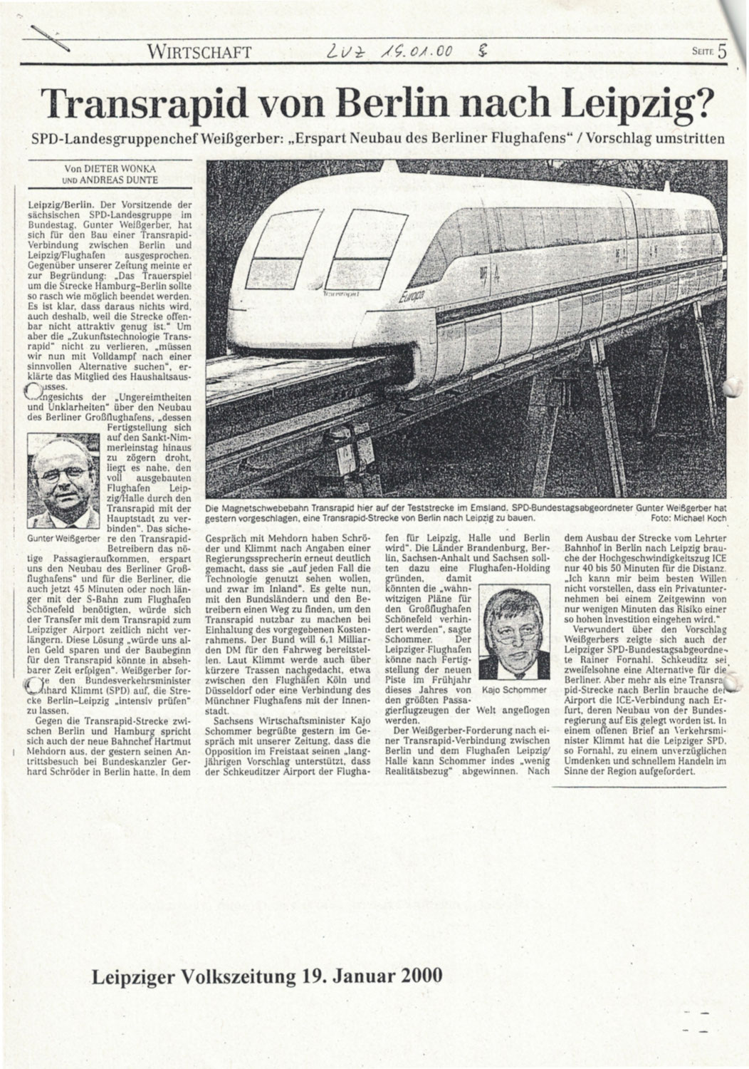Transrapid von Berlin nach Leipzig - LVZ 19.01.2000