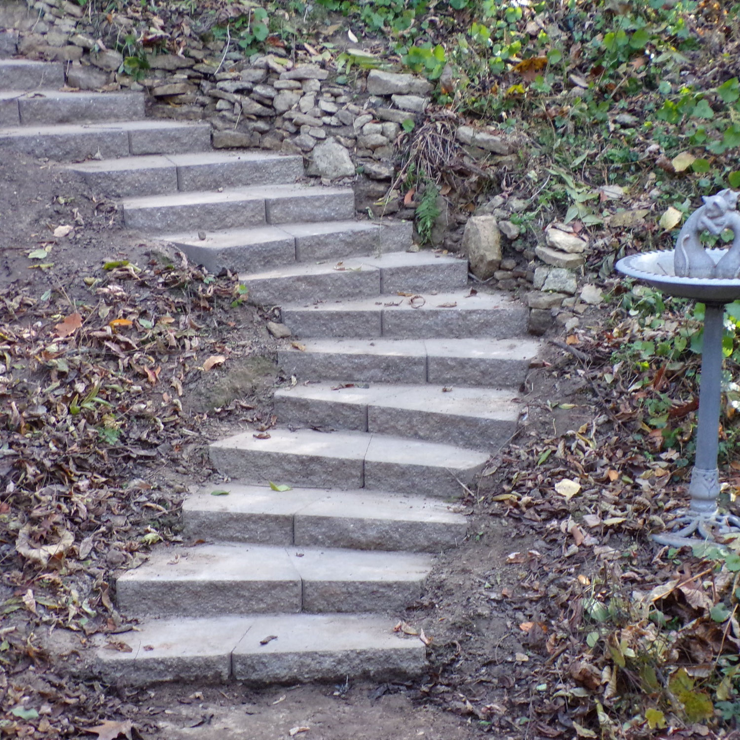 Rustic Hillside Stairway Made of Retaining Wall Blocks
