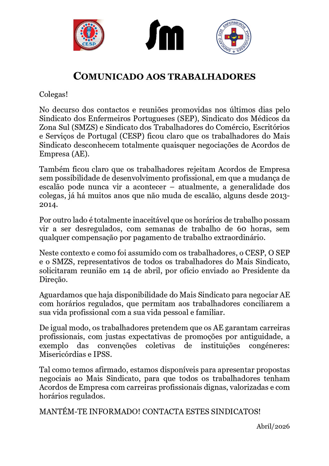 COMUNICADO AOS TRABALHADORES DO MAIS SINDICATO