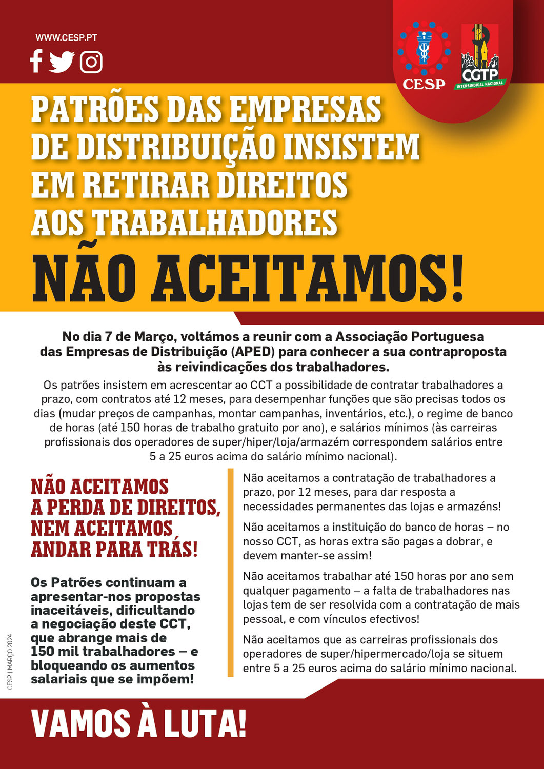 27 MARÇO | GREVE | PATRÕES DAS EMPRESAS DE DISTRIBUIÇÃO INSISTEM EM RETIRAR DIREITOS AOS TRABALHADORES. NÃO ACEITAMOS!