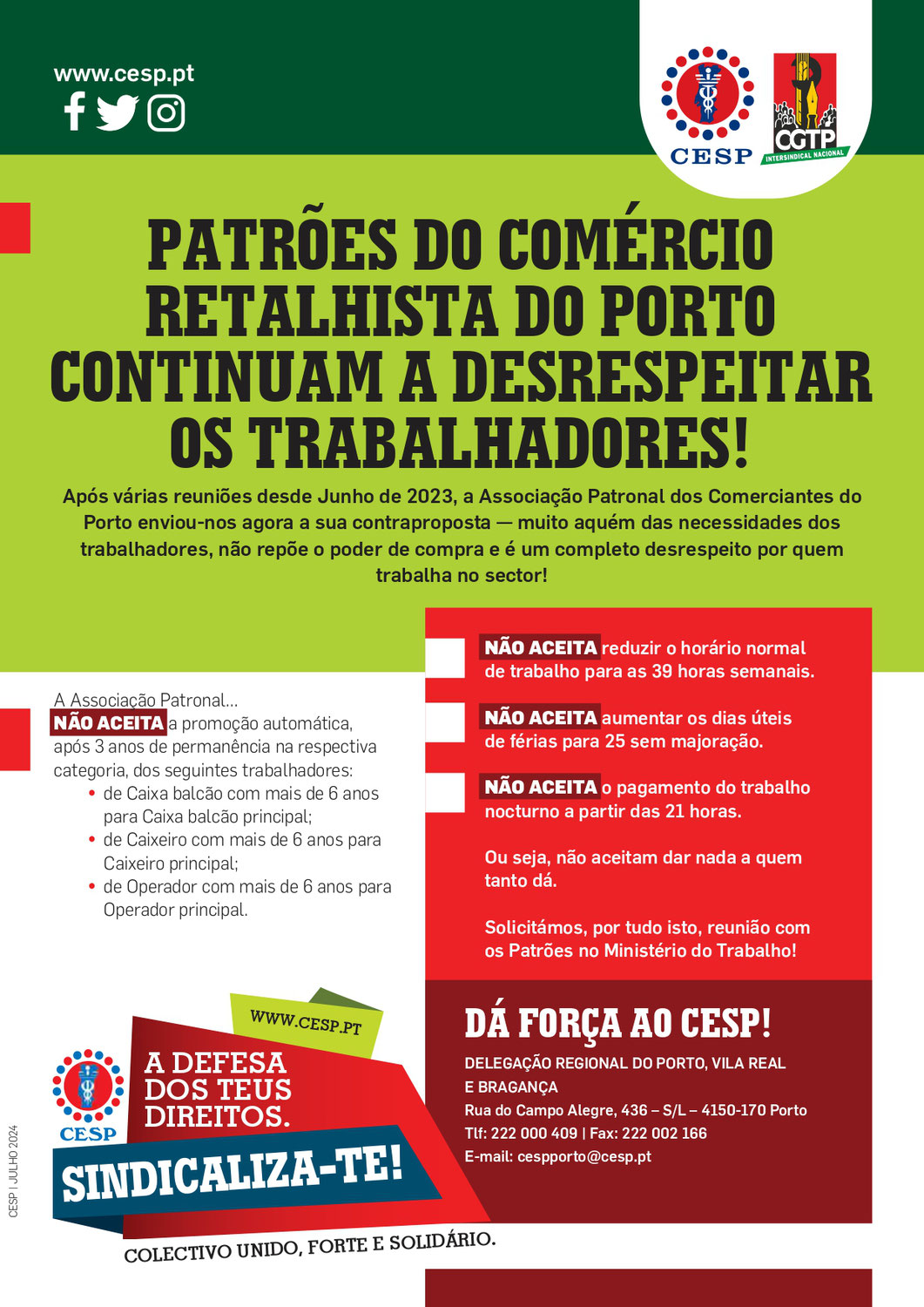 PATRÕES DO COMÉRCIO RETALHISTA DO PORTO CONTINUAM A DESRESPEITAR OS TRABALHADORES!