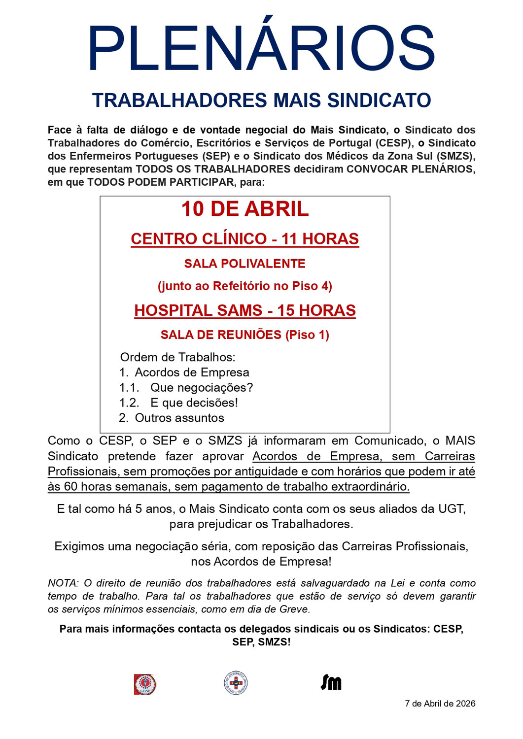 10 ABRIL | Plenários de Trabalhadores do Mais Sindicato