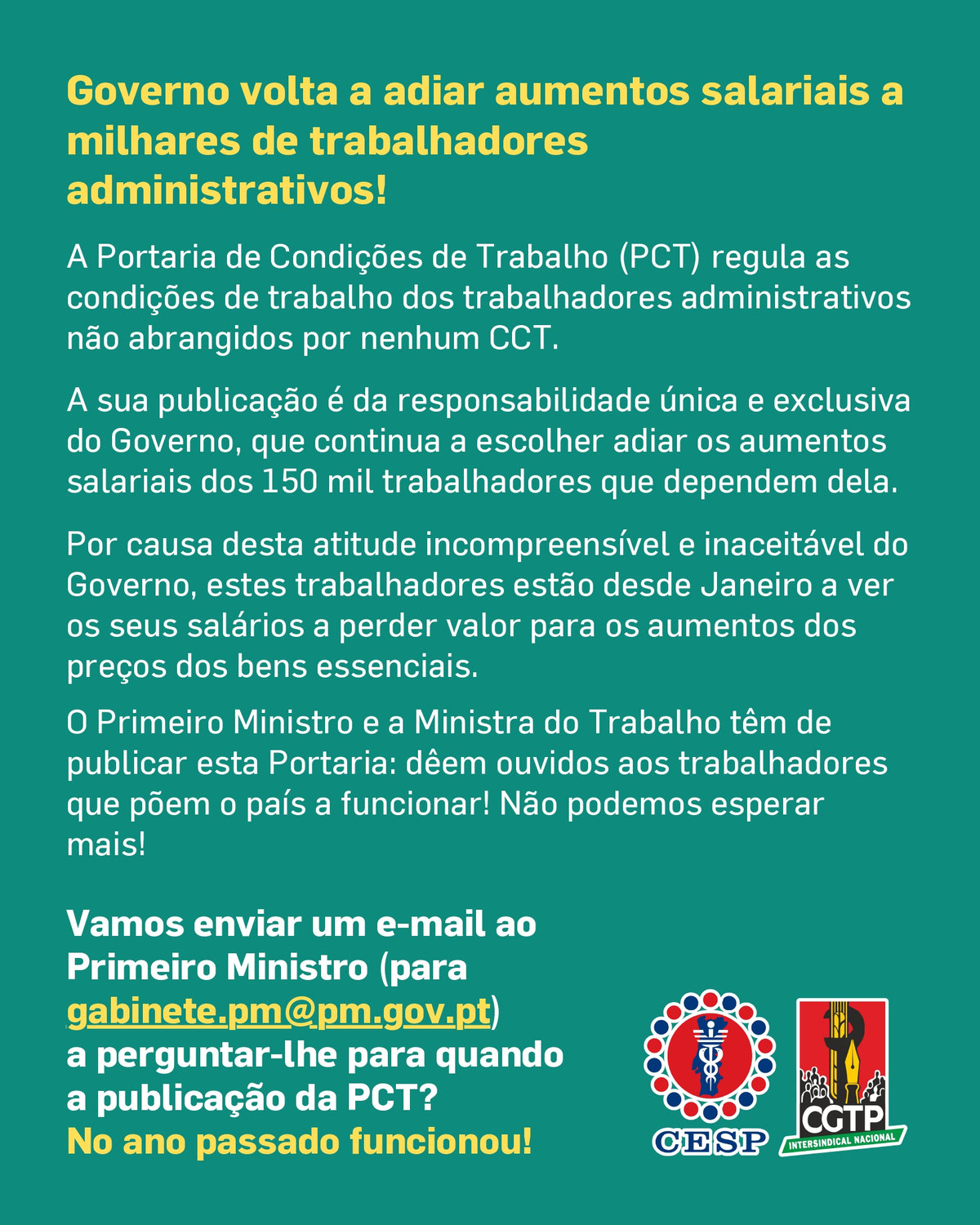 Governo volta a adiar aumentos salariais a milhares de trabalhadores administrativos!