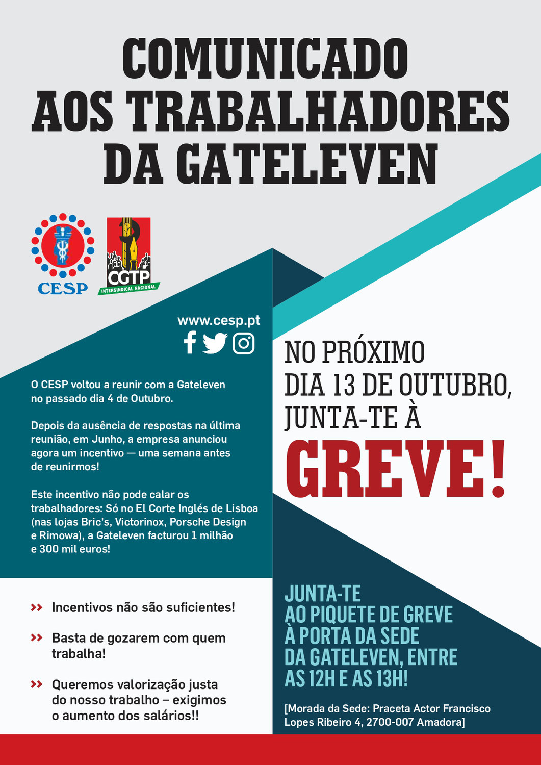 Trabalhador/a da Gateleven: JUNTA-TE À GREVE!