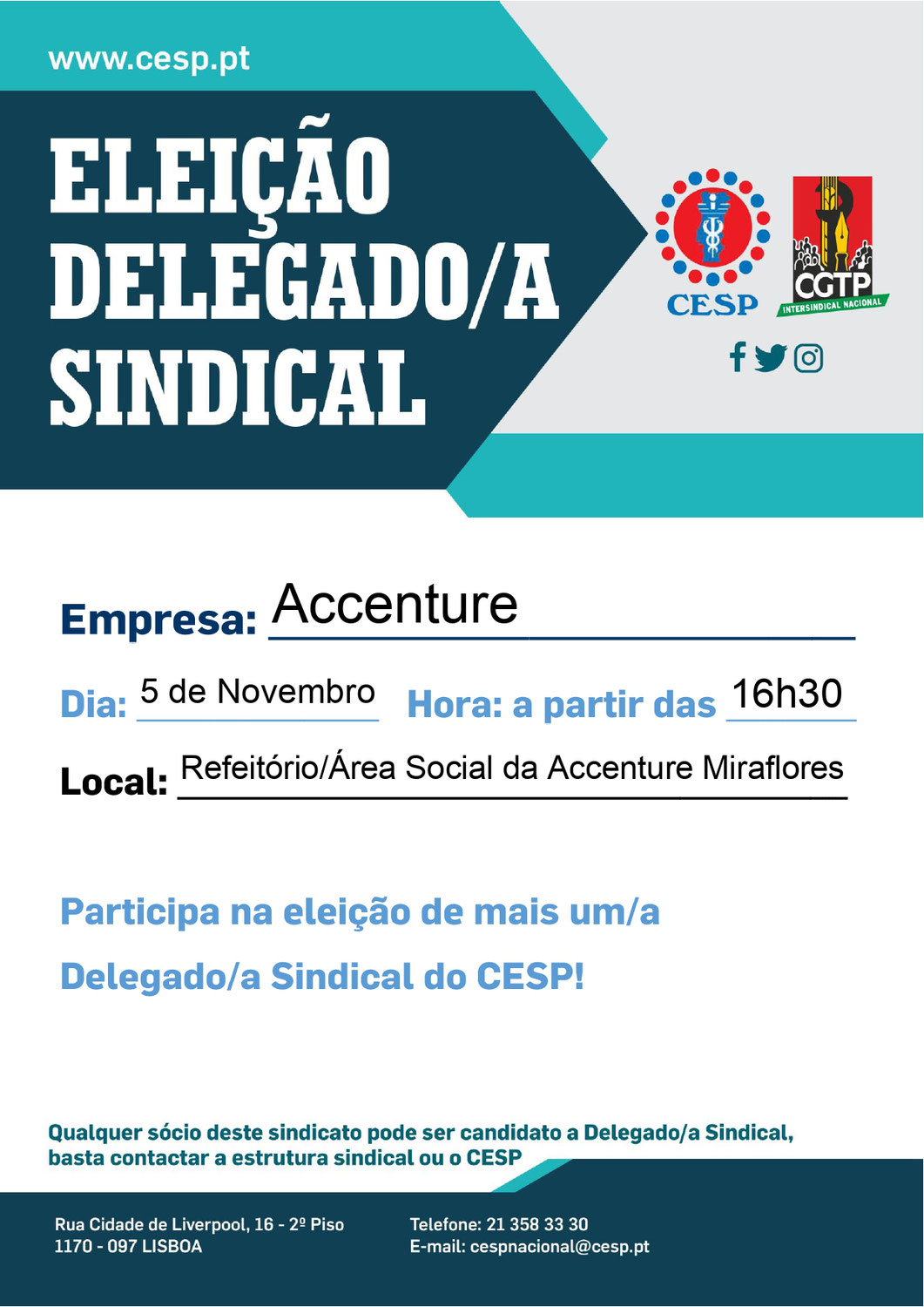 5 NOVEMBRO | ELEIÇÃO DE DELEGADO/A SINDICAL NA ACCENTURE