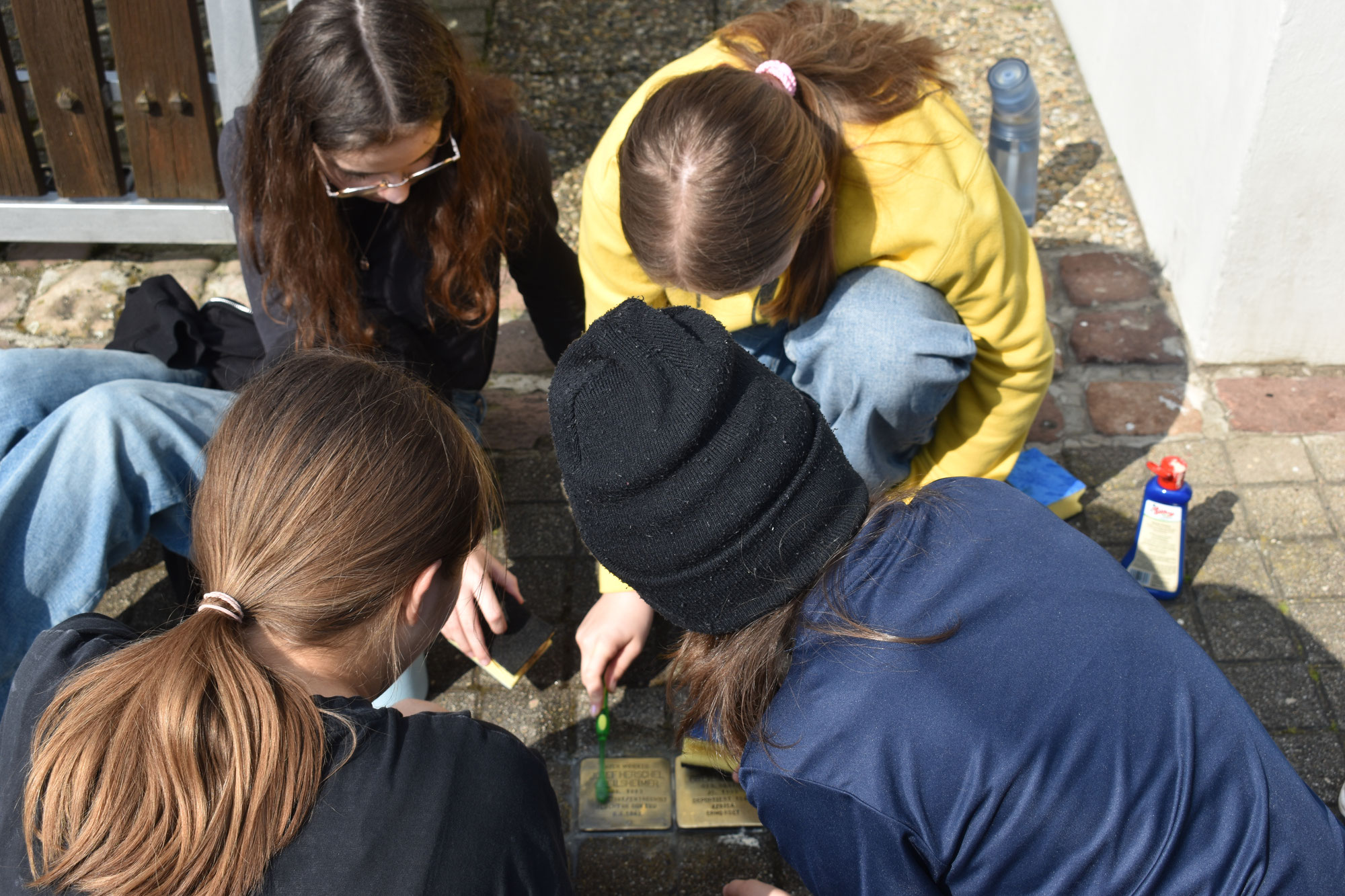 Hochglanz als Mahnung Schüler reinigen Stolpersteine