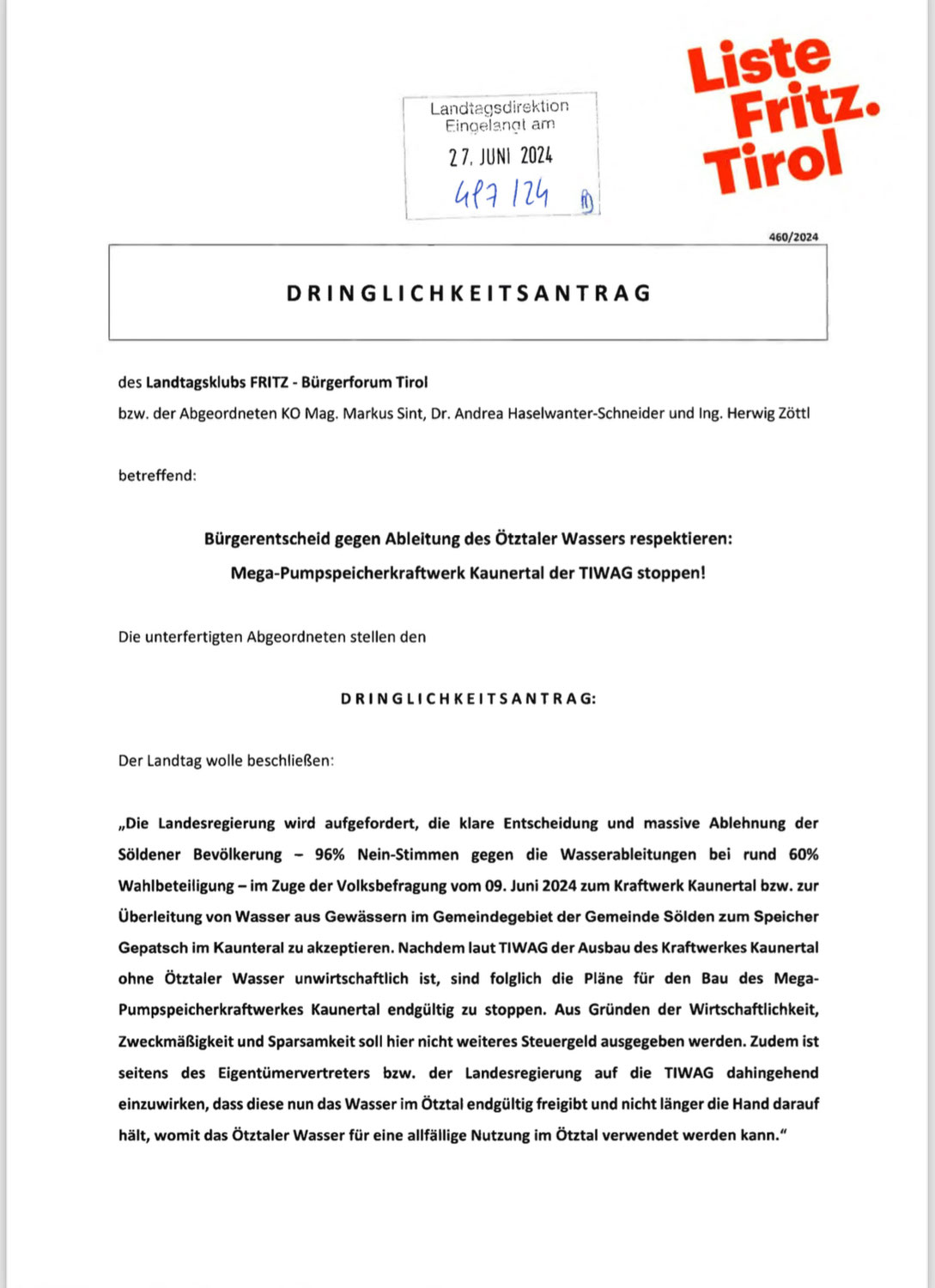 Liste Fritz bringt einen Dringlichkeitsantrag im Landtag ein!