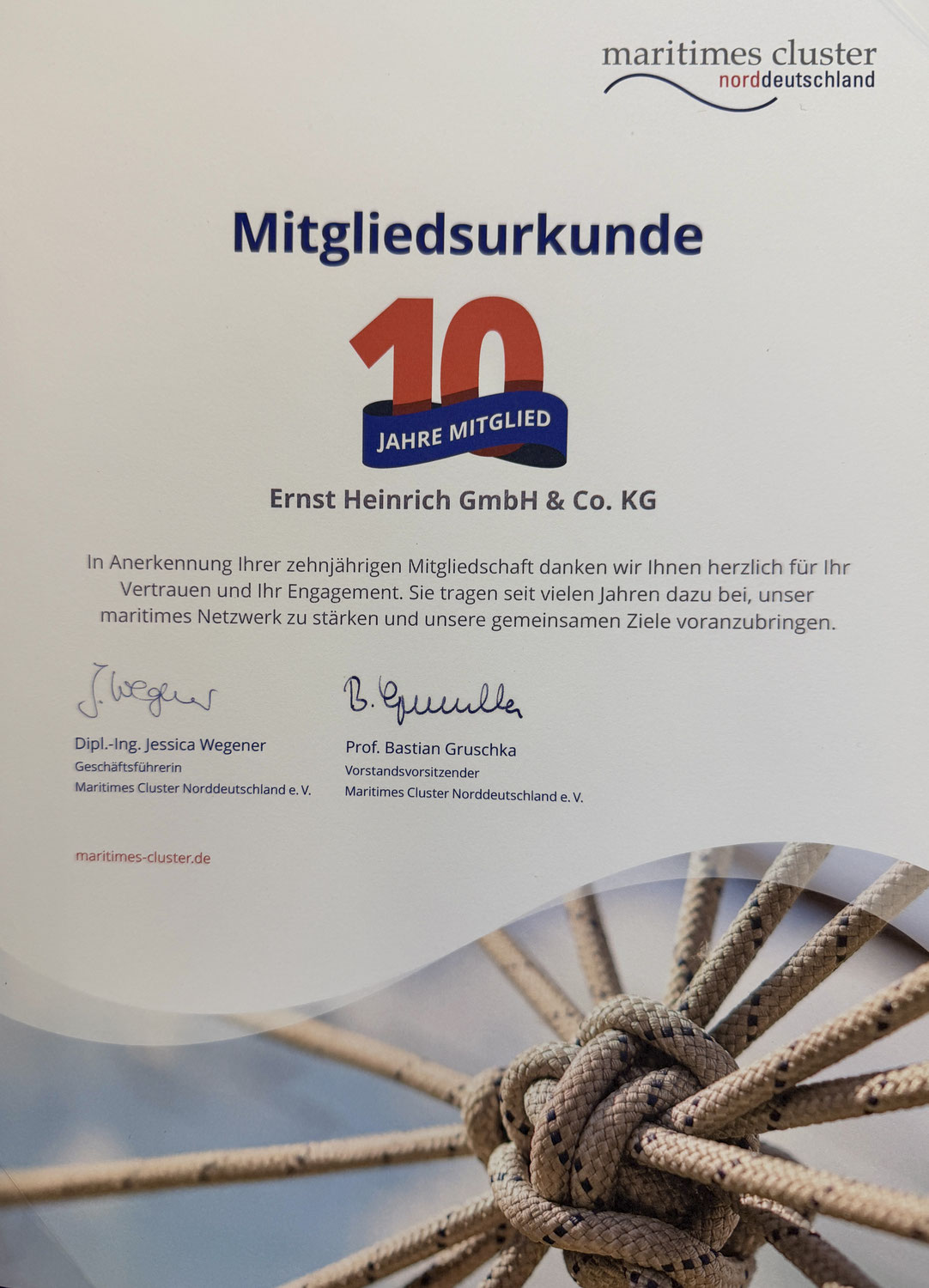 10 Jahre Mitgliedschaft im Maritimes Cluster Norddeutschland e. V.