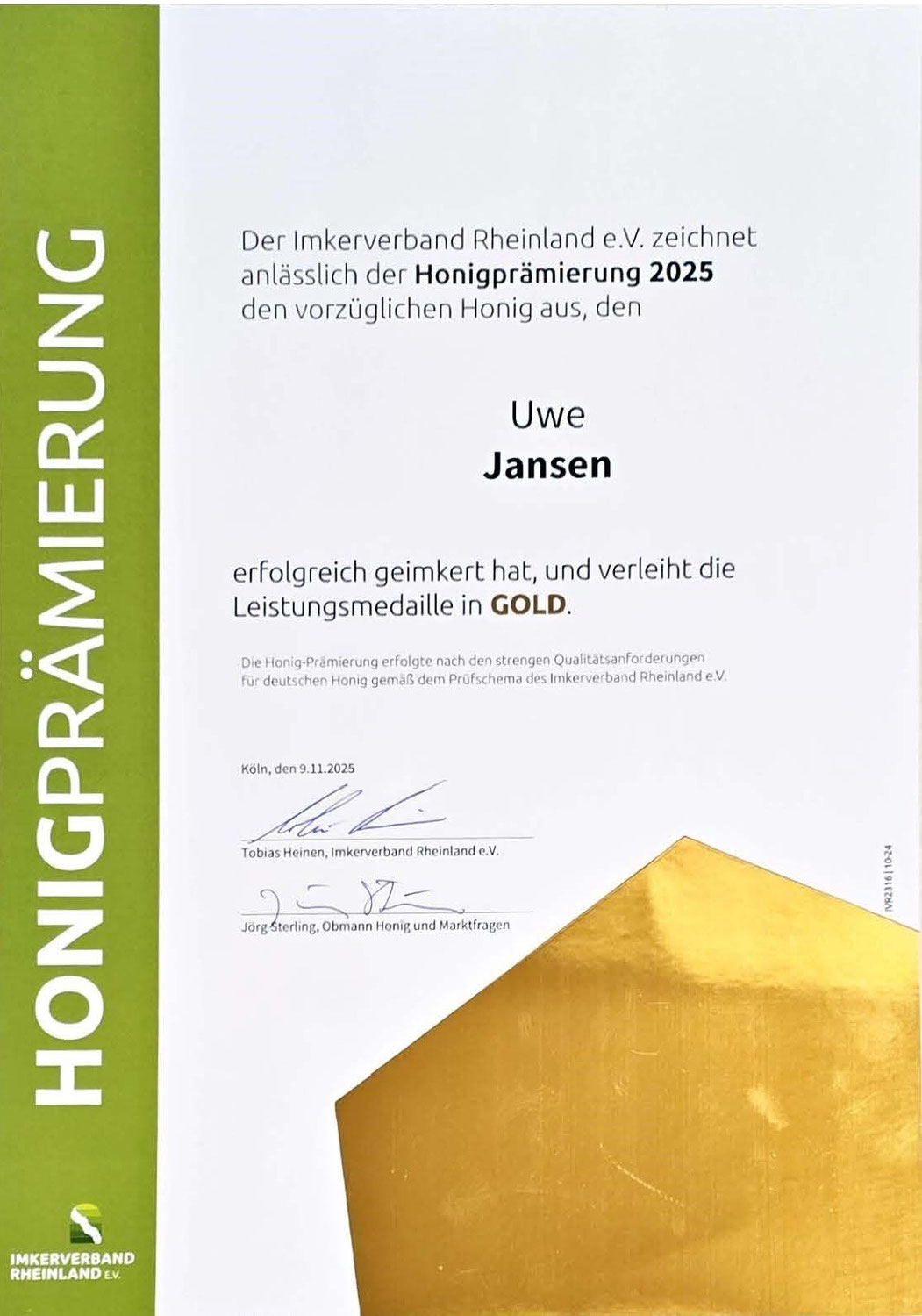Gold für Bio Honig Neuss: Unser Nüsser Wildblütenhonig gewinnt Leistungsmedaille beim Imkerverband Rheinland