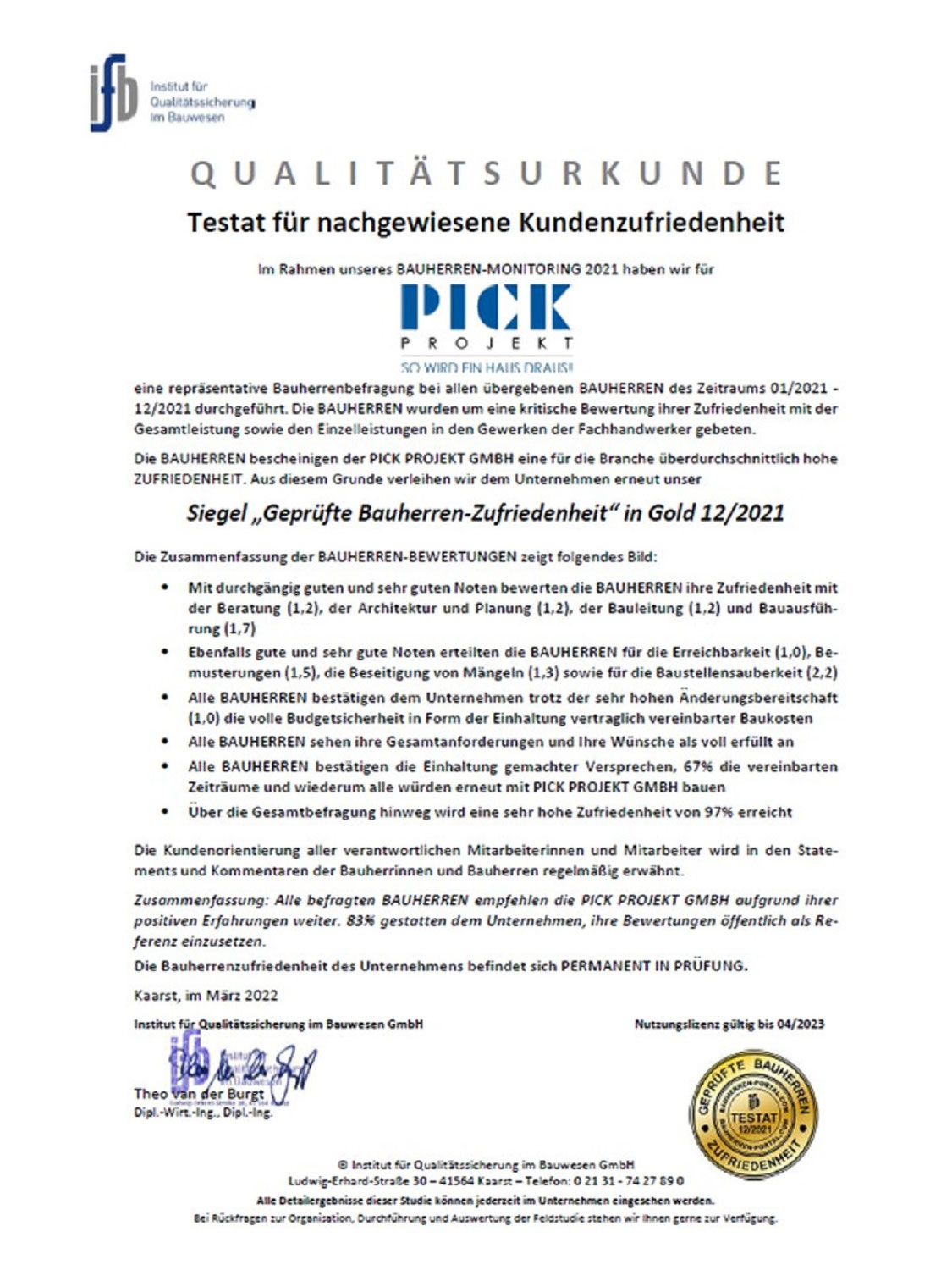 PICK PROJEKT GMBH für 2021 erneut von Bauherren als TOP-Qualitätsanbieter bewertet