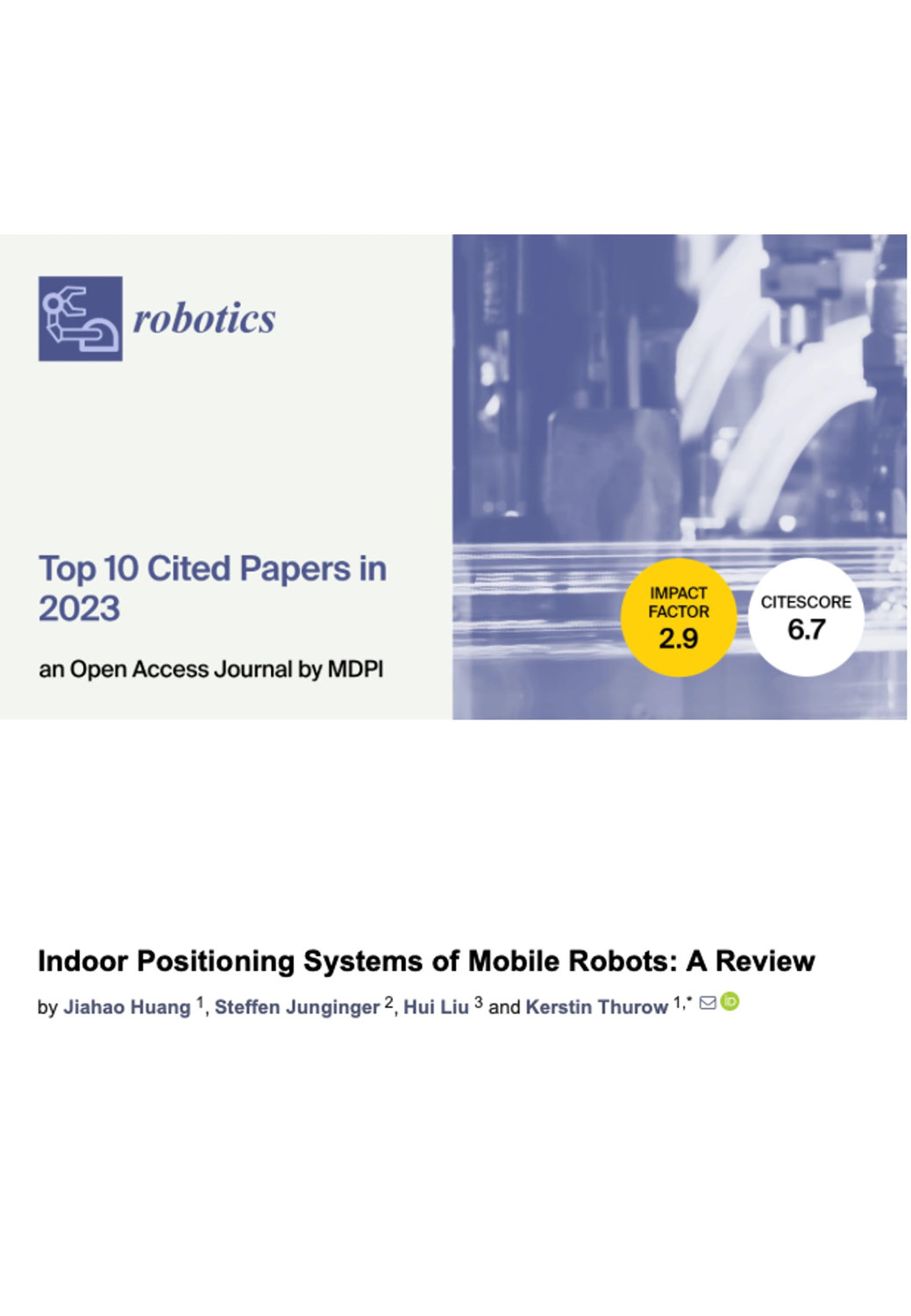 Top 10 Cited Papers of MDPI Robotics in 2023