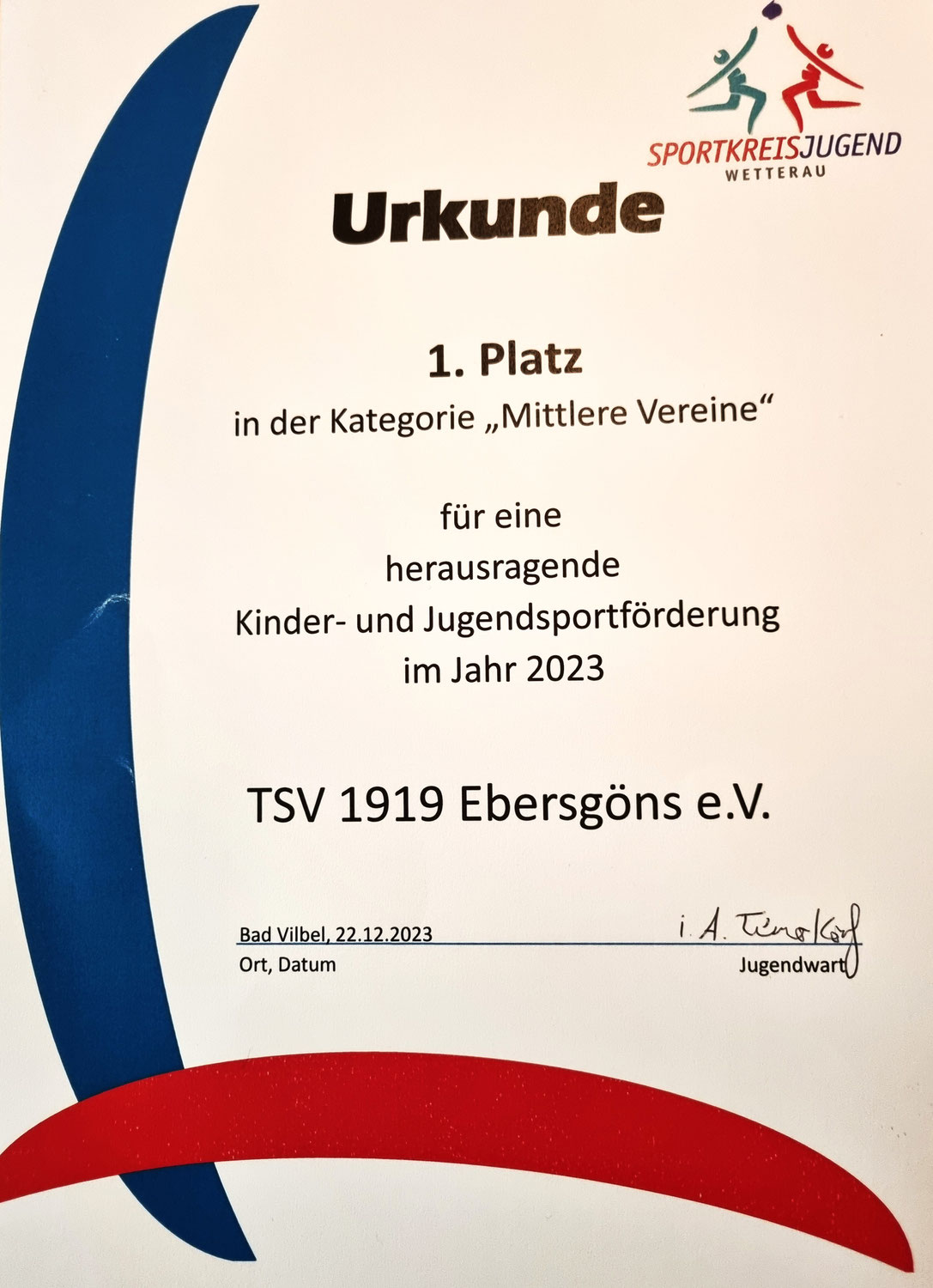 TSV Ebersgöns erreicht wiederholt den 1. Platz für eine herausragende Kinder- und Jugendsportförderung  Ebersgöns(KH)