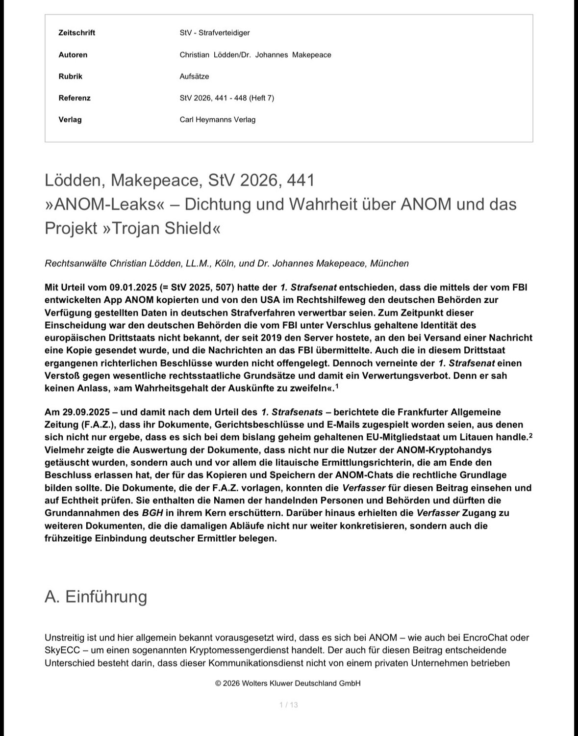 ANOM und Projekt „Trojan Shield“: Wie Ermittler die Gerichte täuschten – meine neuen Veröffentlichungen in StV und auf LTO