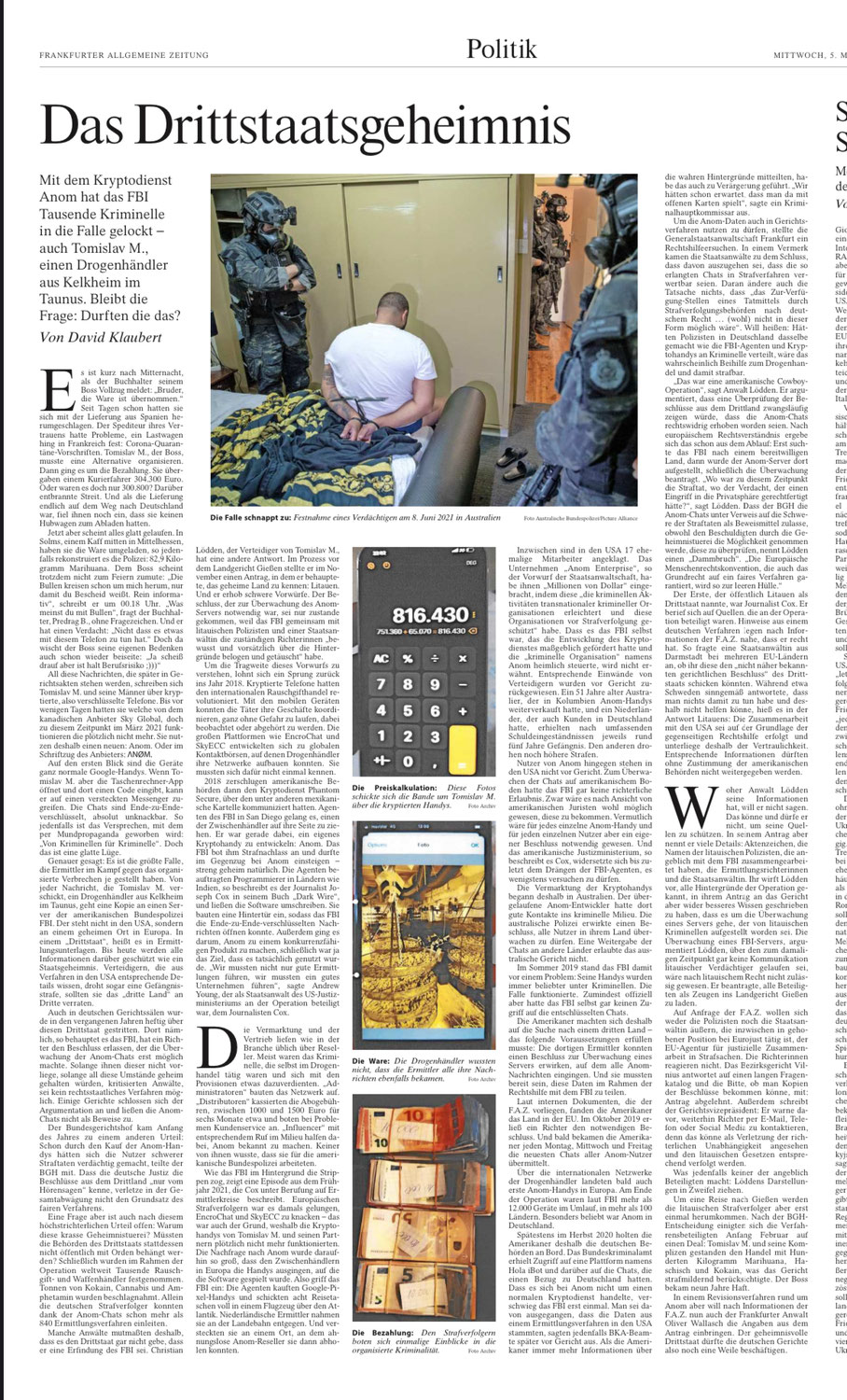 Das Drittstaatsgeheimnis - F.A.Z. Artikel über den Kryptohandyanbieter des FBI: ANOM