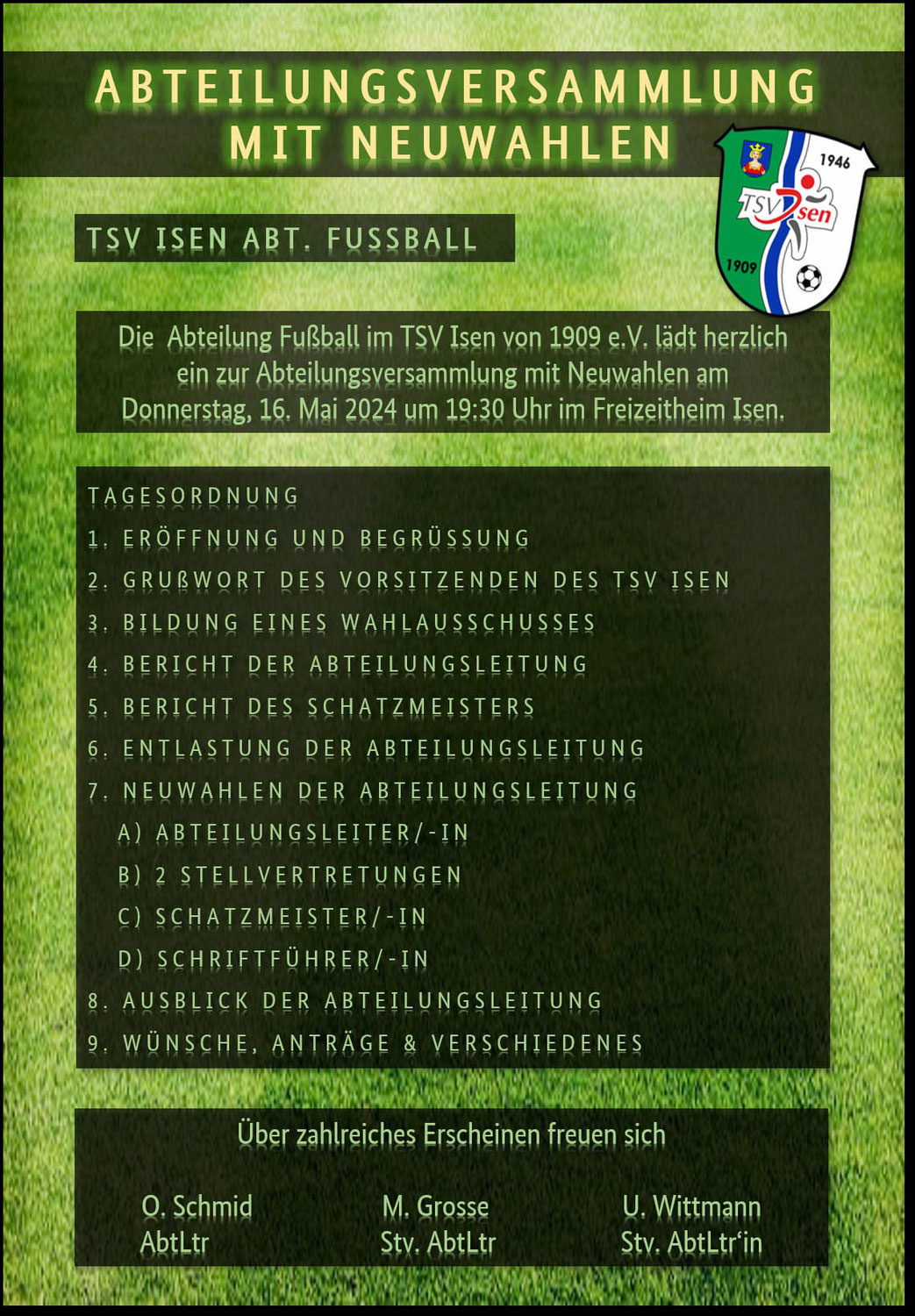 Einladung zur Abteilungsversammlung Fußball am 16.05.24 um 19:30 Uhr im Freizeitheim