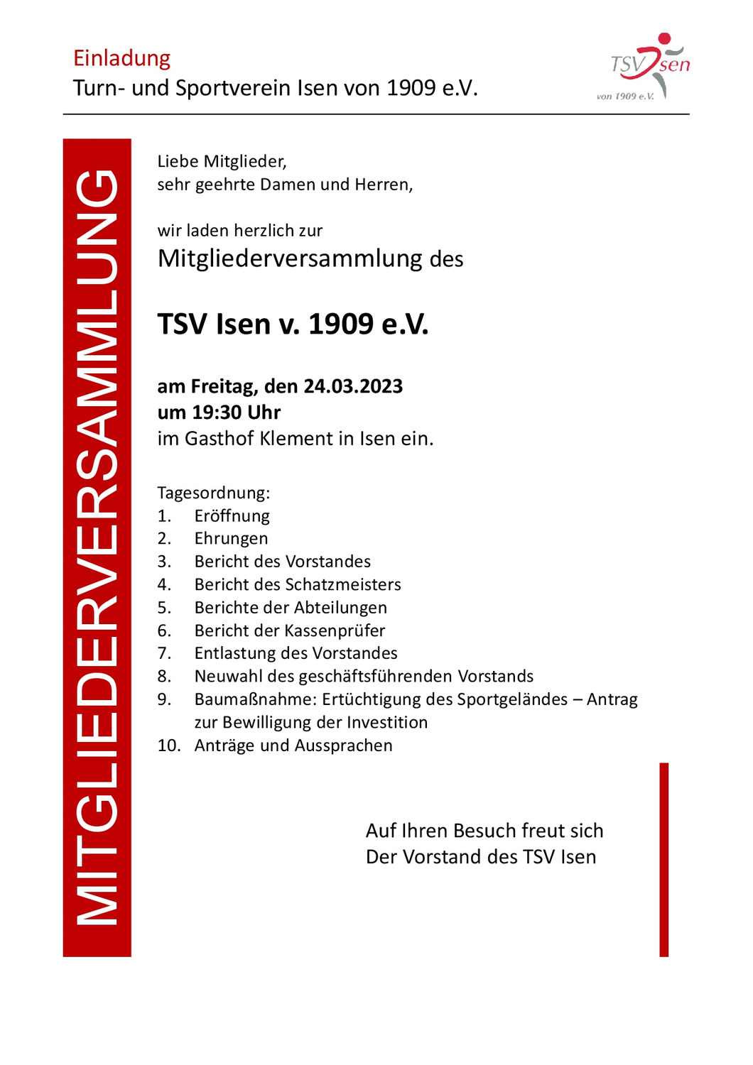 Mitgliederversammlung des TSV Isen v. 1909 e.V. am Freitag, den 24.03.2023