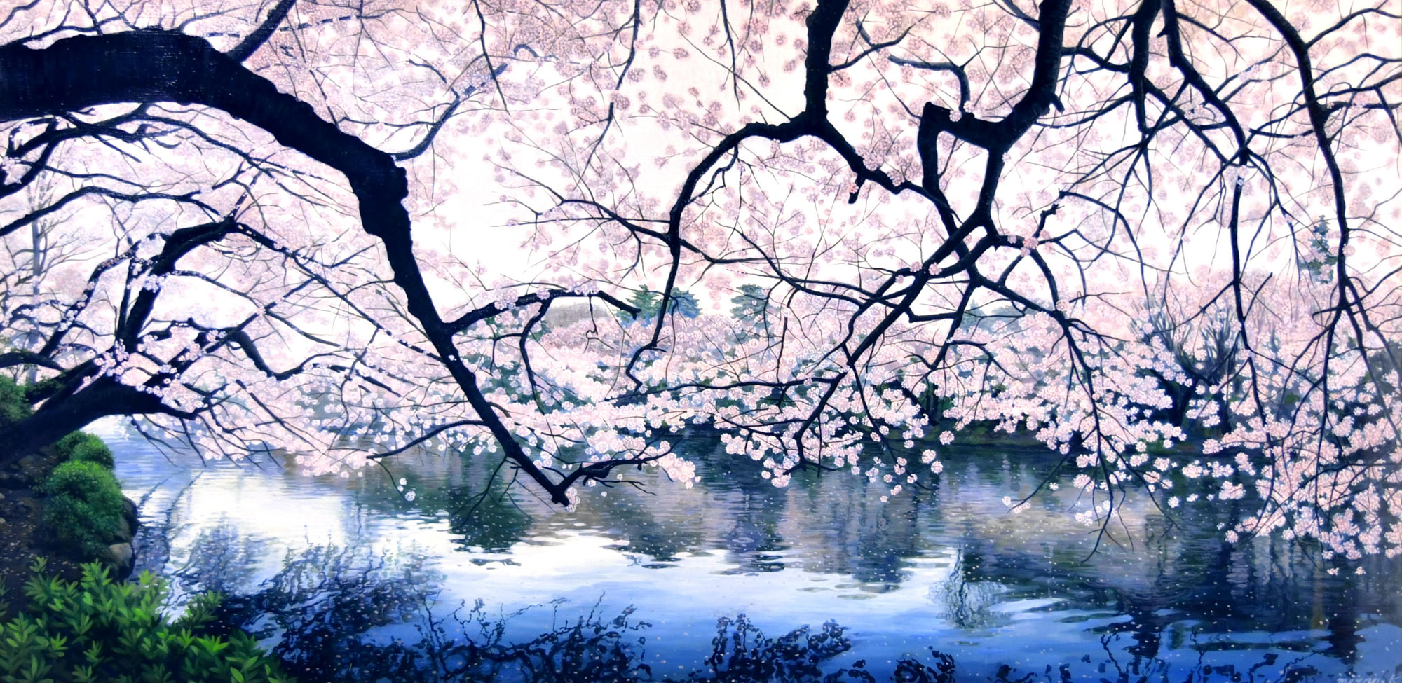 川島未雷「桜映　井ノ頭公園」油彩 変25号　真作保証　静かな水面と満開の桜が織りなすハーモニー　超リアルな細密表現！