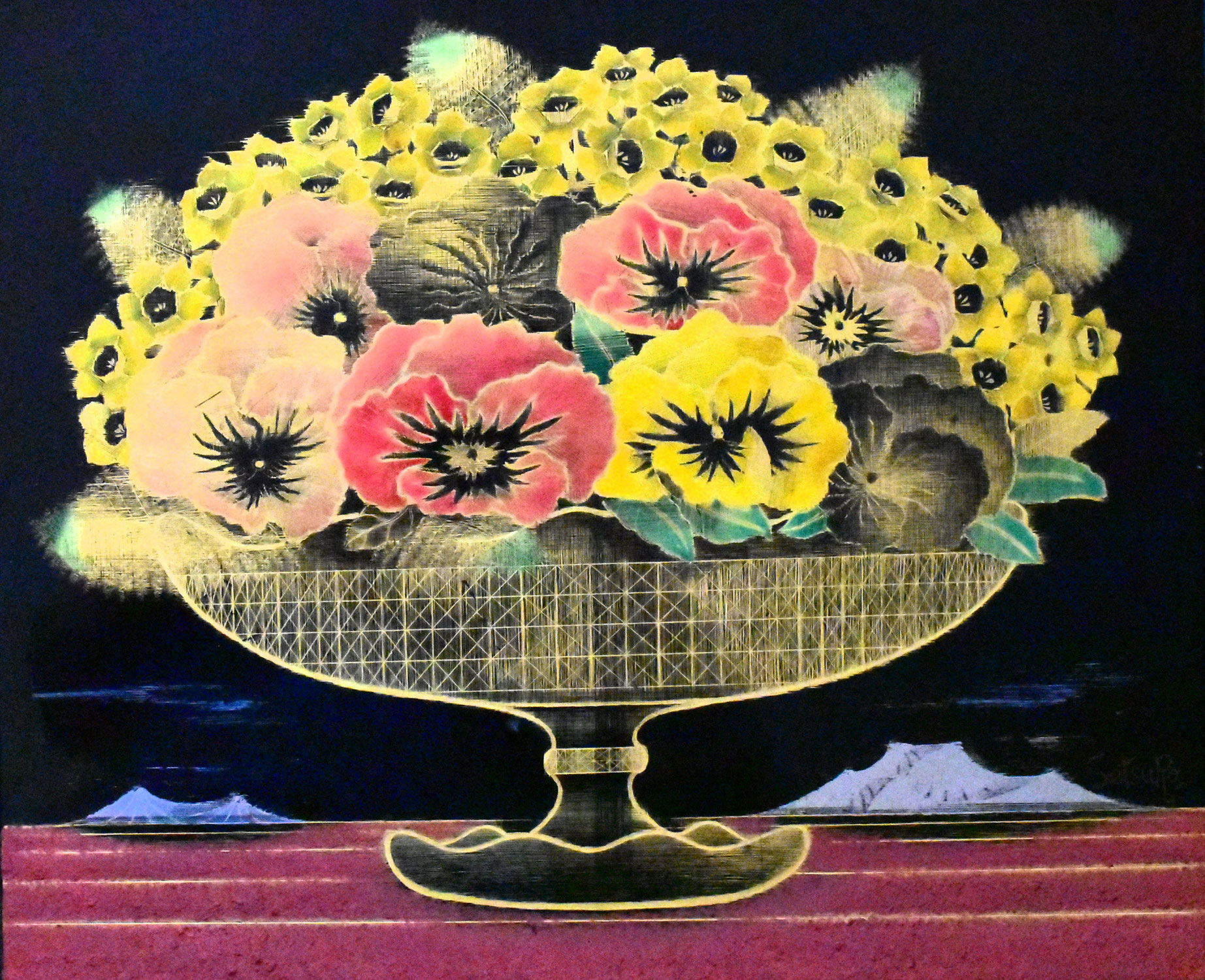 高橋節郎　「花」　漆パネル　F８号　真作保証　漆　工芸　　巨匠　東京芸大名誉教授　日本芸術院会員　日本芸術院賞受賞　文化功労者　文化勲章受章