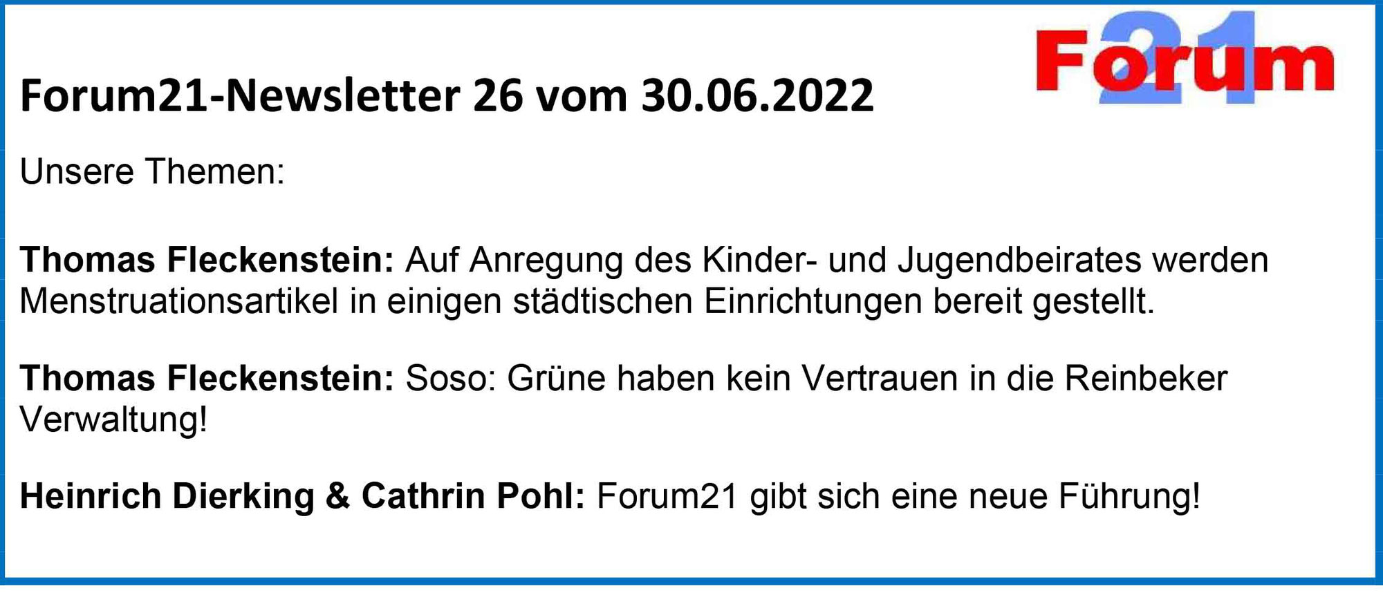 Forum21-Newsletter 26 vom 30.06.2022