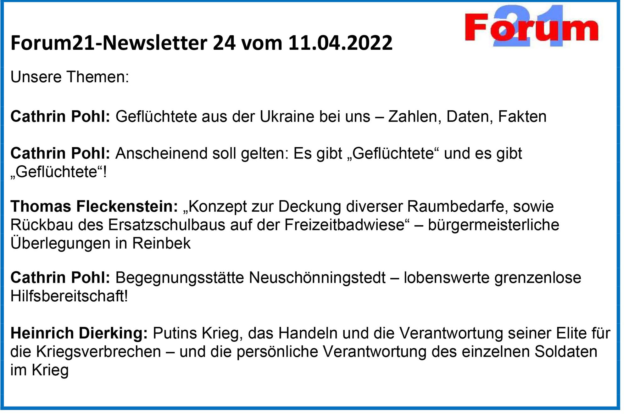 Forum21-Newsletter 24 vom 11.04.2022