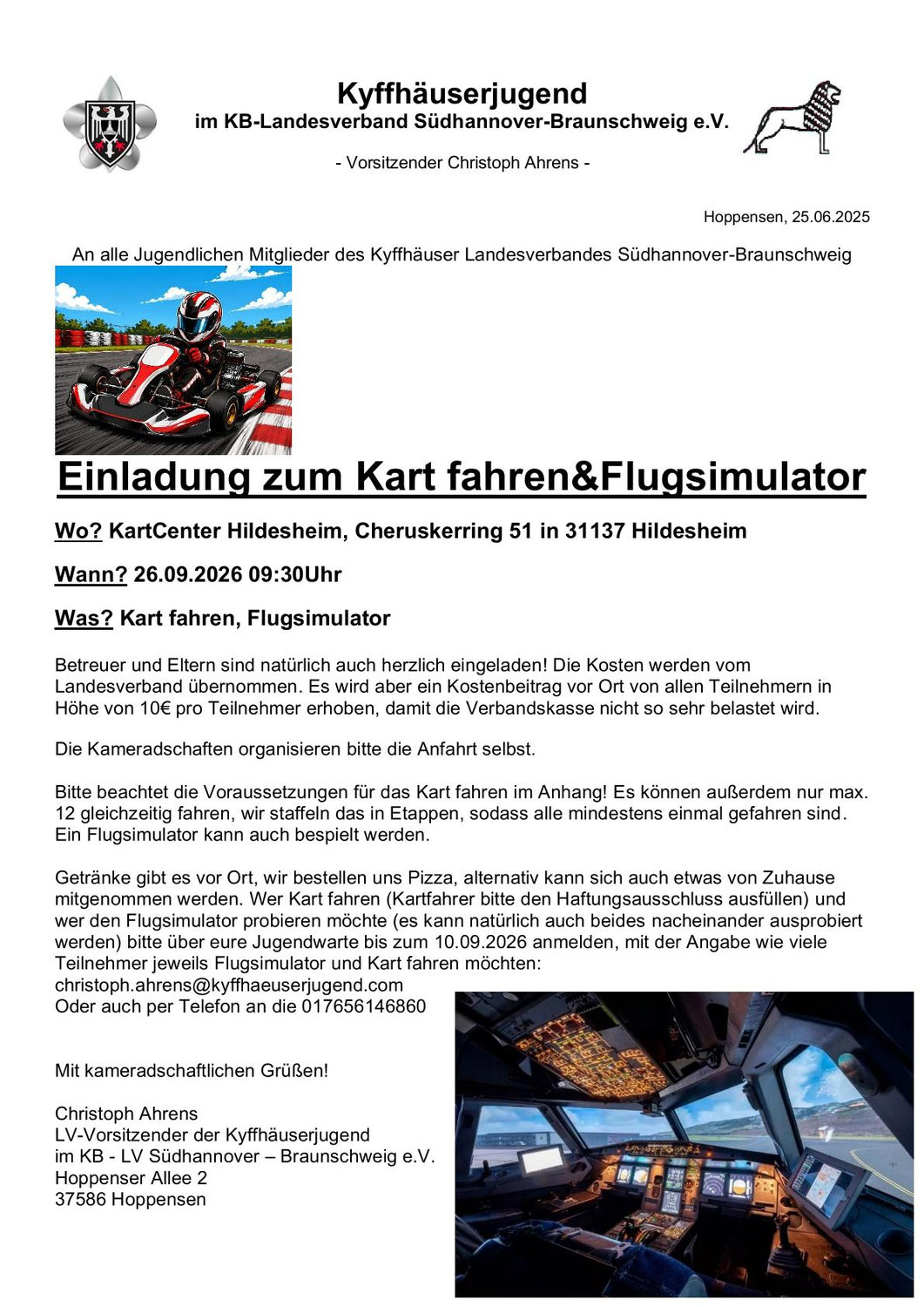 Kyffhäuserjugend - Einladung zum Kartfahren und Flugsimulator