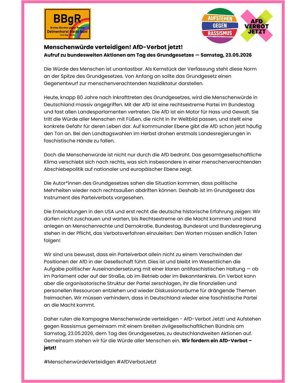 Menschenwürde verteidigen! AfD-Verbot jetzt!