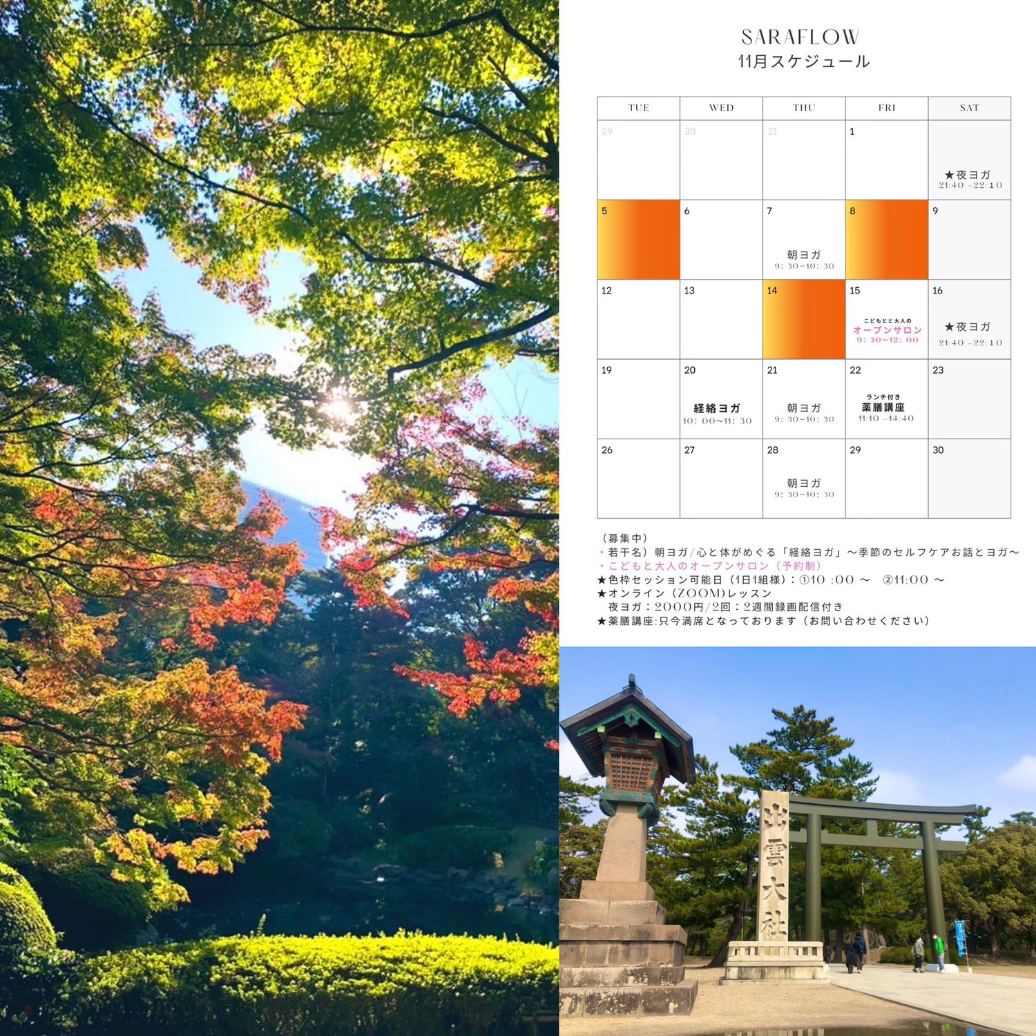 良縁深まる11月～今、自分の”最適なバランス”良縁深まる11月～今、最適なバランスで過ごせていますか？～喜多見・狛江　ヨガ　薬膳　アロマ　saraflow