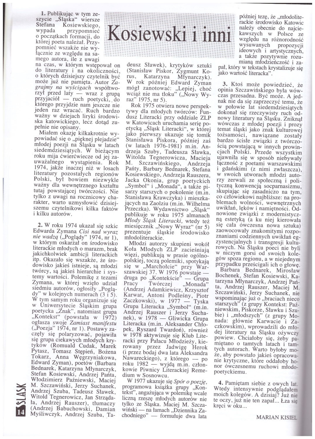 Kosiewski i inni, Marian Kisiel. Miesięcznik Społeczno-Kulturalny Sląsk Katowice Nr 3 marzec 1999, 14-15