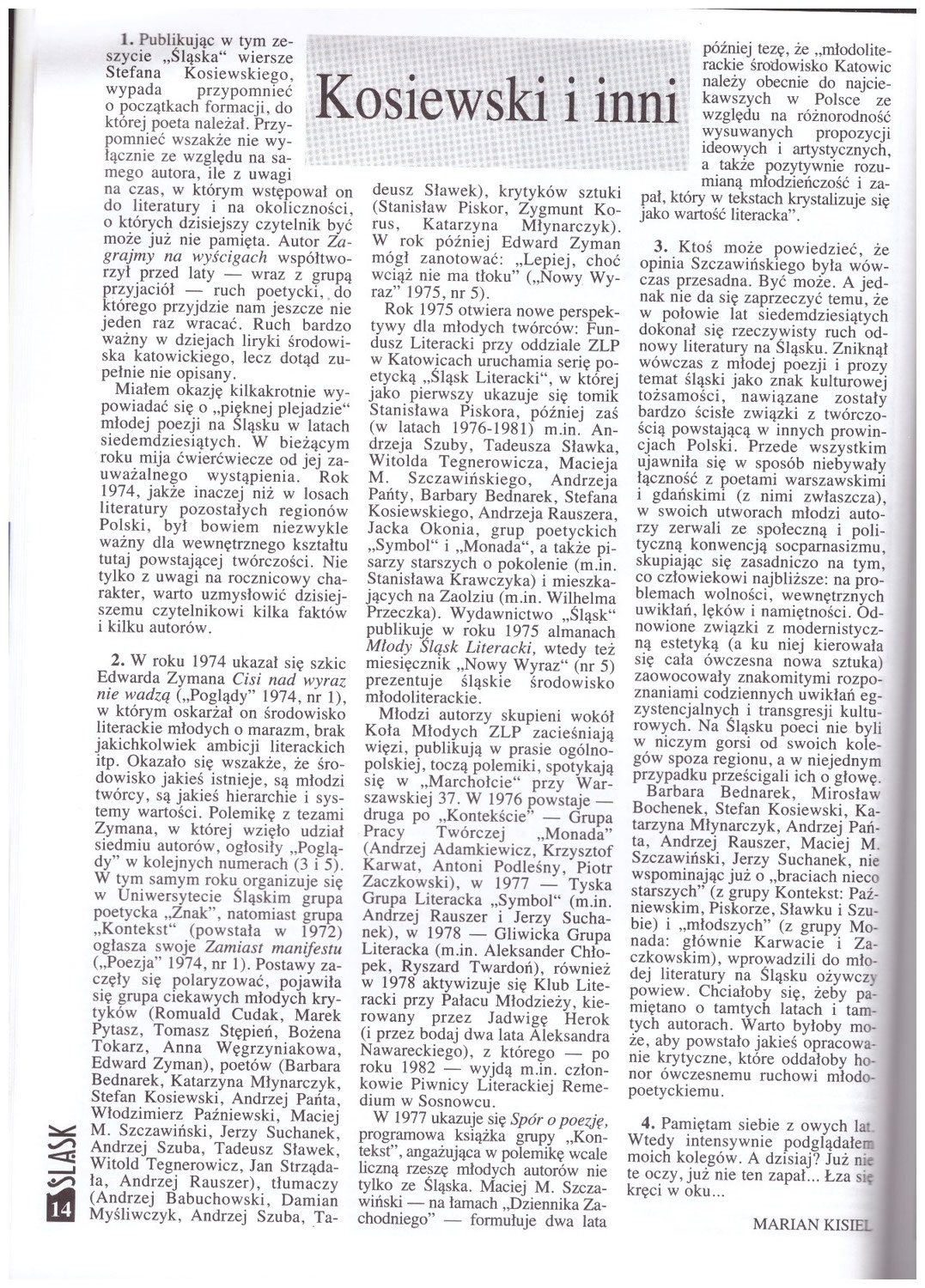 Kosiewski i inni, Marian Kisiel. Miesięcznik Społeczno-Kulturalny Sląsk Katowice  Nr 3 marzec 1999, 14-15