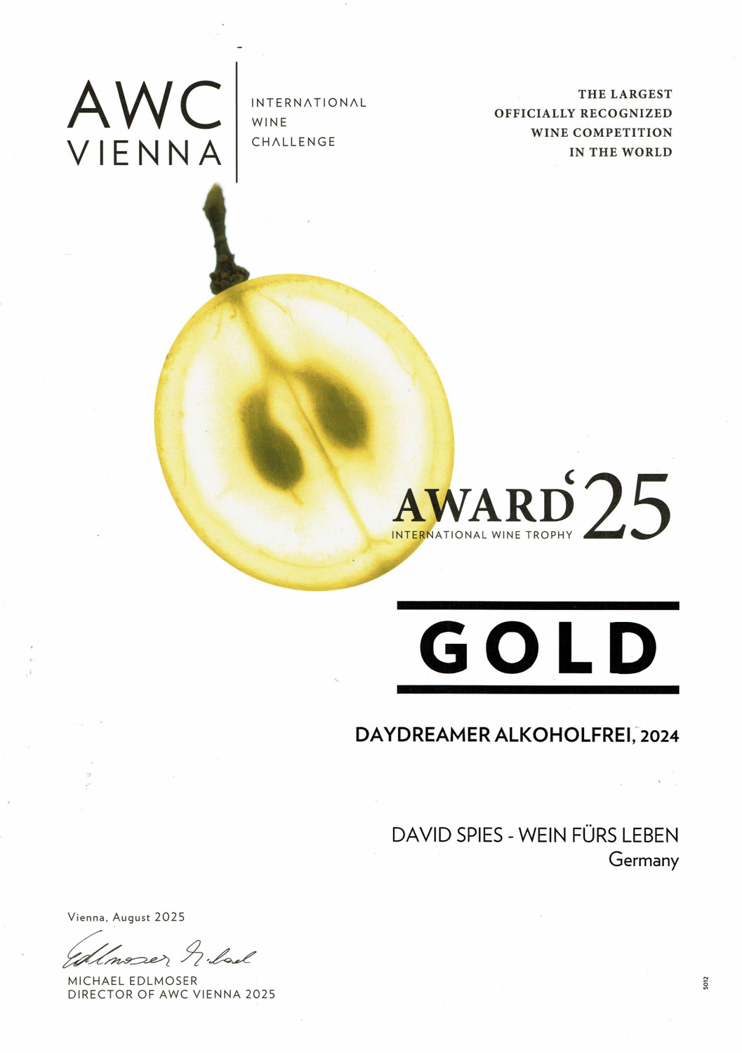 Daydreamer alkoholfrei: 90 Punkte und Platz 3 bei AWC Vienna (größter Weinwettbewerb der Welt)