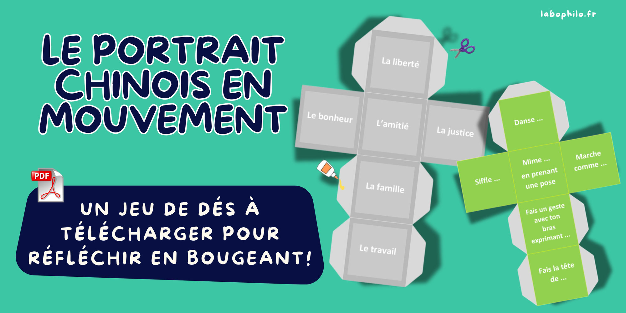 Dés de discussion gratuits: Le Portrait chinois en mouvement du LaboPhilo pour réfléchir en bougeant!