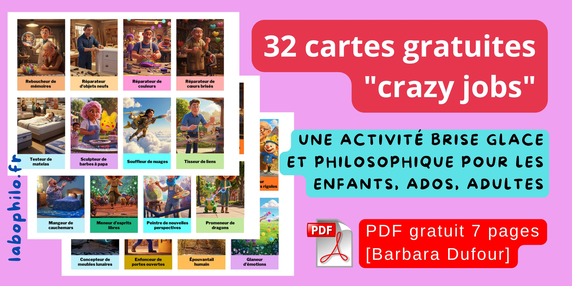 32 cartes gratuites "crazy jobs": une activité brise glace et philosophique pour les enfants, ados, adultes [PDF gratuit - Barbara Dufour]