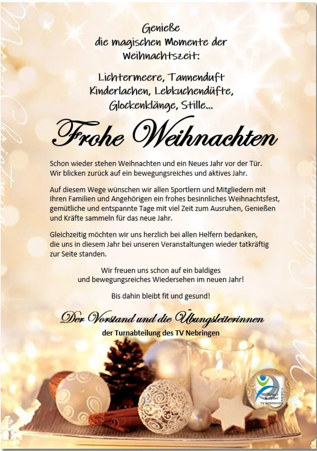 Die Turnabteilung wünscht ein frohes Weihnachtsfest und einen guten Rutsch ins neue Jahr