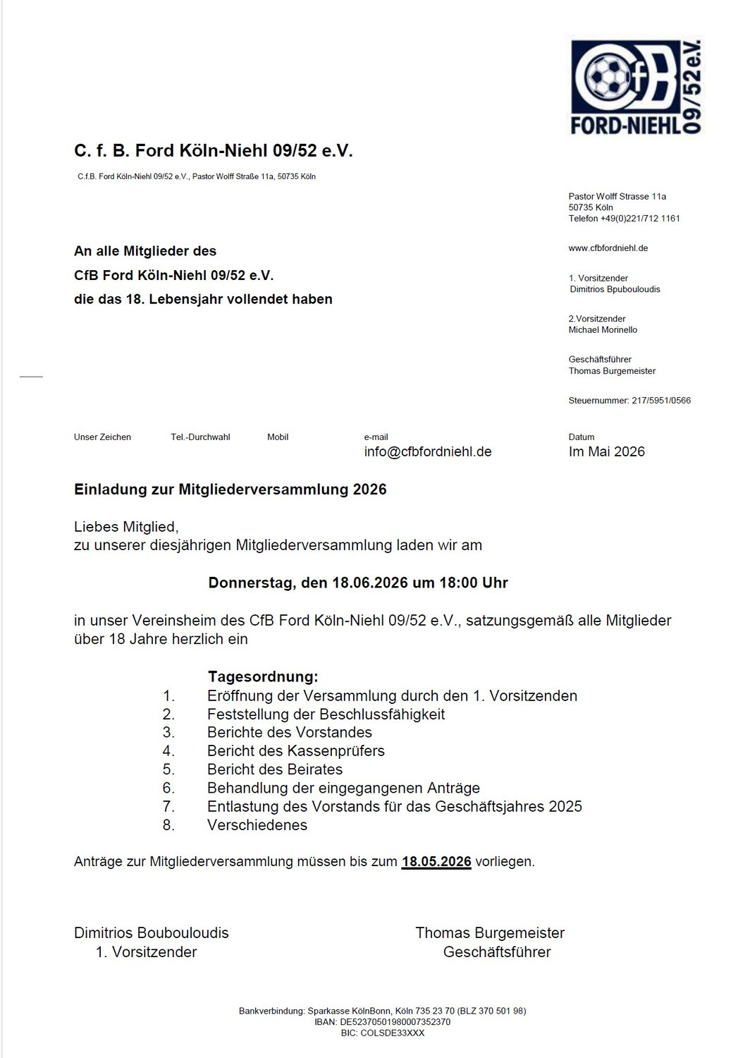 Mitgliederversammlung am 18.06.2026 um 18:00 Uhr