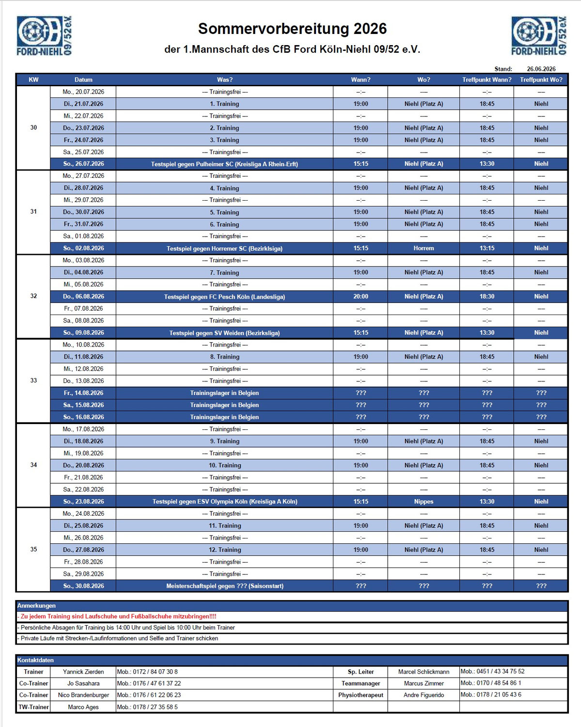 Sommervorbereitungsplan 2026 der 1.Mannschaft